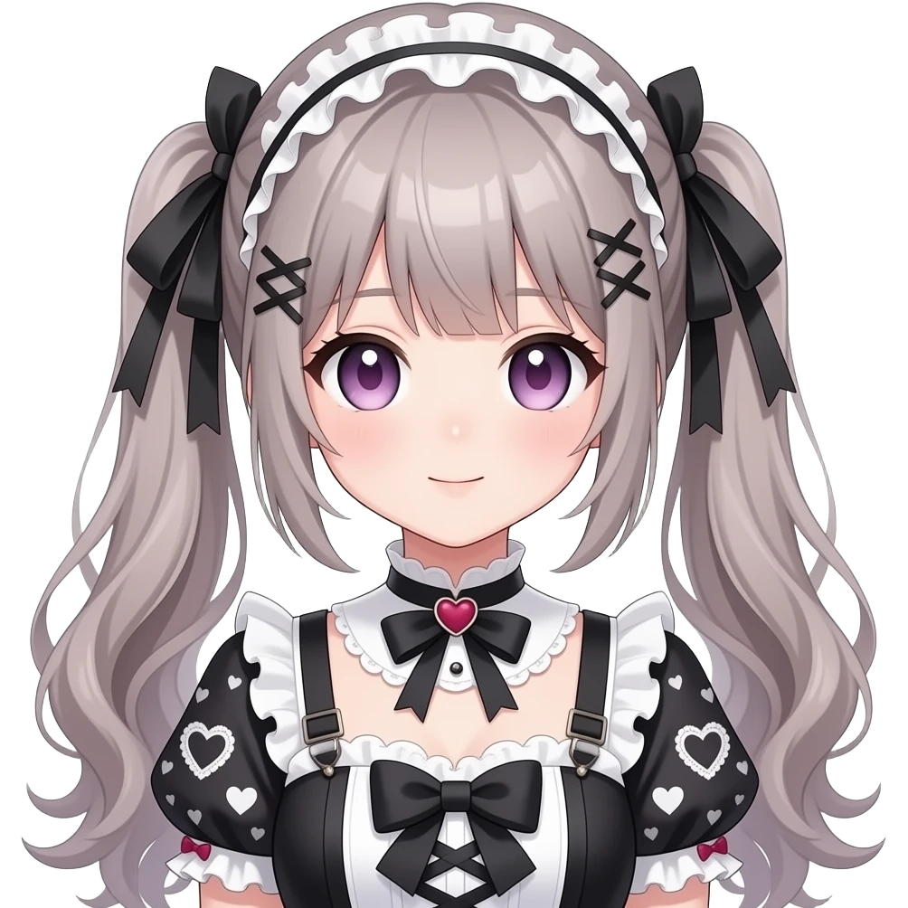 Cute trendy aesthetic pretty anime lady with Lolita, gothic, fringes, laces, heart patterns, ribbons, emoji