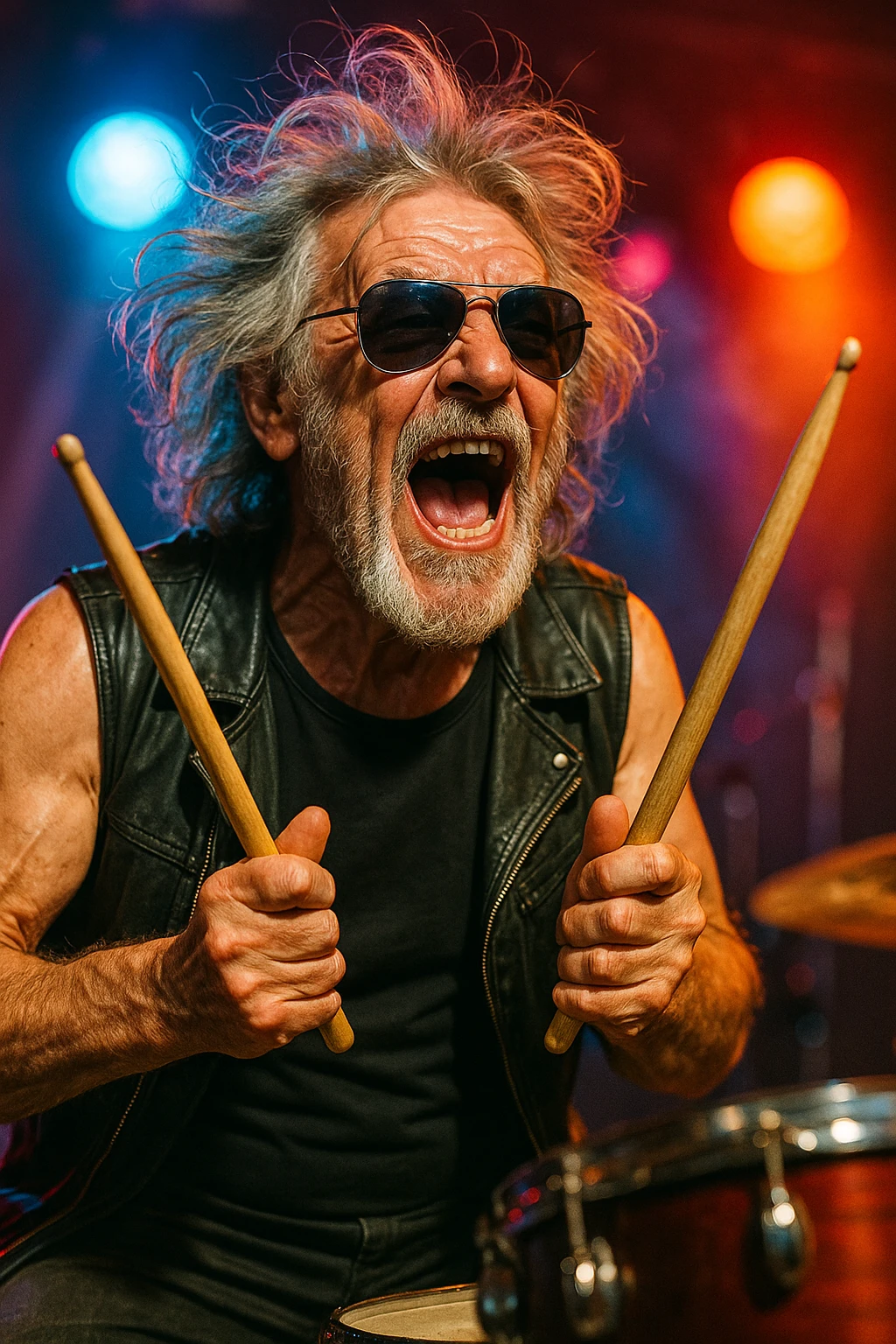 an old rocker drummer singing energetically with wild hair and sunglasses, holding drumsticks, open mouth, expressive face, stage lights, vibrant colors emoji