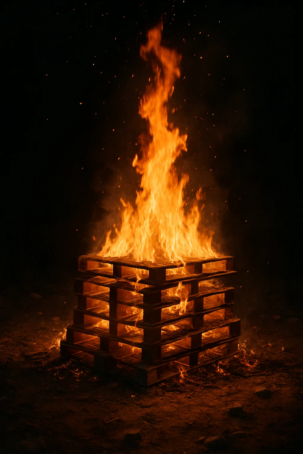 a bonfire built from a stack of wooden pallets, flames rising, rustic, glowing embers, night setting emoji