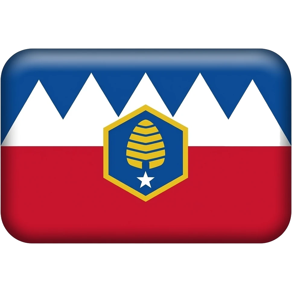 A rectangular 3:5 flag with blue (top), white (middle), and red (bottom) bands; the white band has a jagged top forming five mountain peaks.  Centered is a blue hexagon with a gold outline, containing a gold beehive and a white five-pointed star below. emoji