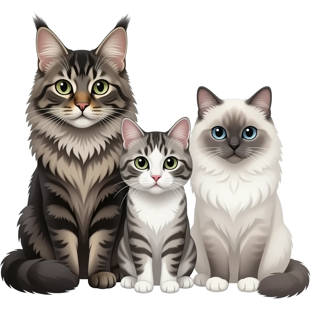 3 cats together. 2 Maine Coon cats. 1 is black smoke with a dignified expression. 2 is slightly smaller grey, white and black mottled coat with mischievous expeession. And 1 Ragdoll cat. White with grey face and tail. Legs grey with white feet. Serious expression. emoji