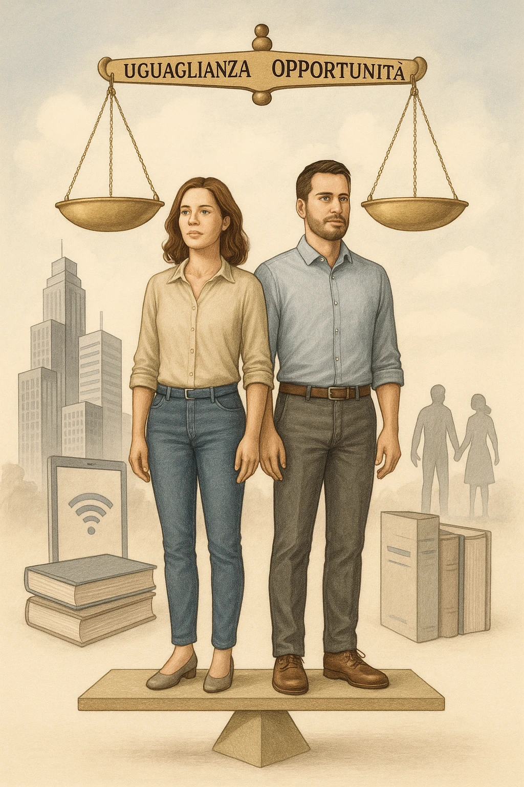Un uomo e una donna, entrambi tra i 30 e i 40 anni, in piedi fianco a fianco su un piedistallo unico che rappresenta l’equilibrio. Indossano abiti moderni da lavoro o casual, con sguardi determinati e sereni. Sullo sfondo, simboli di società moderna: grattacieli, tecnologia, libri, famiglia. Sopra di loro, una bilancia perfettamente equilibrata con i simboli 'uguaglianza', 'opportunità', 'rispetto'. La scena è armoniosa, luminosa, con colori neutri e un tono positivo. Stile realistico con accenti simbolici in italiano emoji