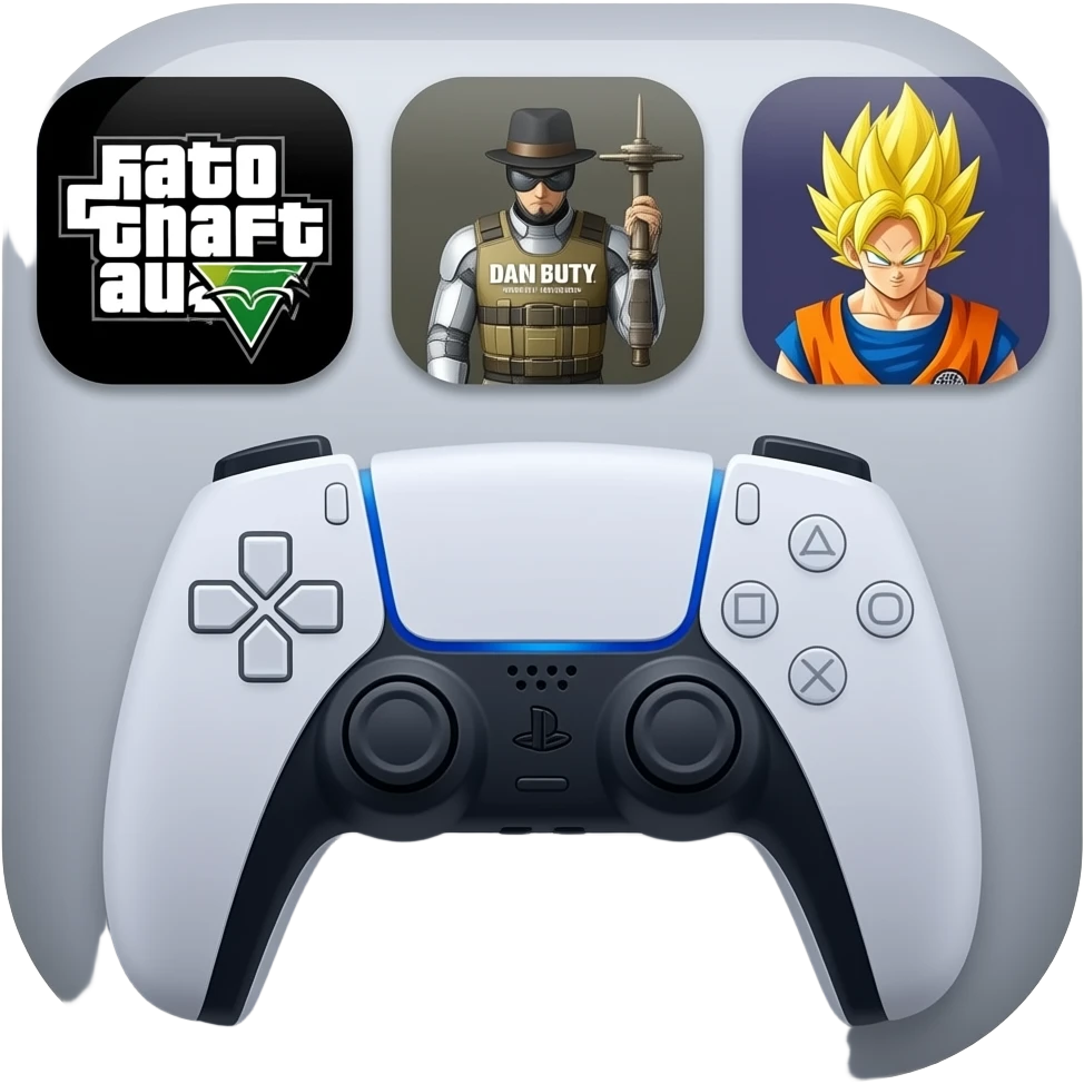 icone avec a l interieur des icone de jeu gta call off duty et dragon ball z et une mannette ps5 devant emoji