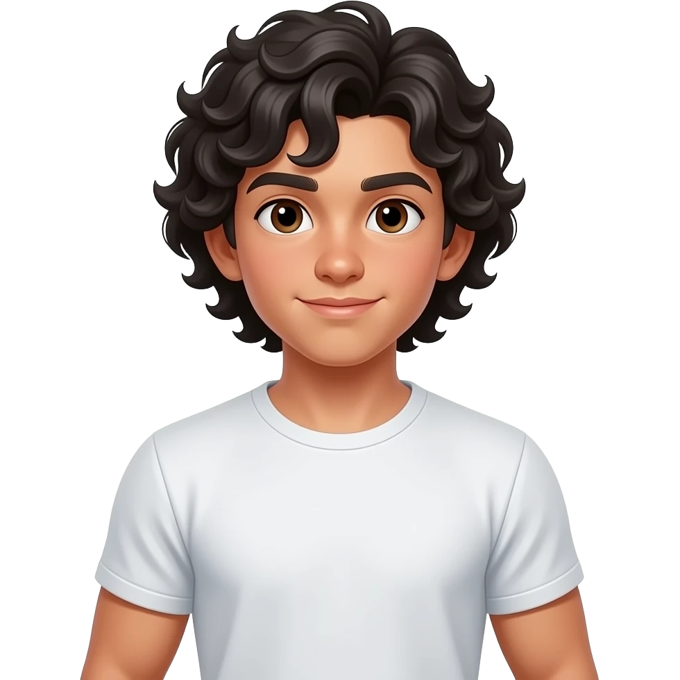 Hazme un chico con pelo un poco mas que por los hombros, rizado y negro, ojos marrones. Y que este un poco musculoso. Que tenga camiseta. Que se vea el cuerpo entero y tenga unos doce años emoji