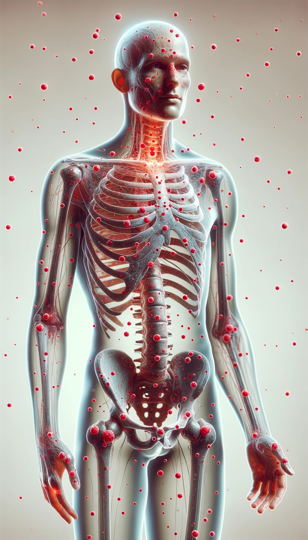 CORPO UMANO ANATOMICO CON RED SPOT DI INFIAMMAZIONE SPARSI SUL CORPO, SFONDO CHIARO, iperrealistico 4k emoji