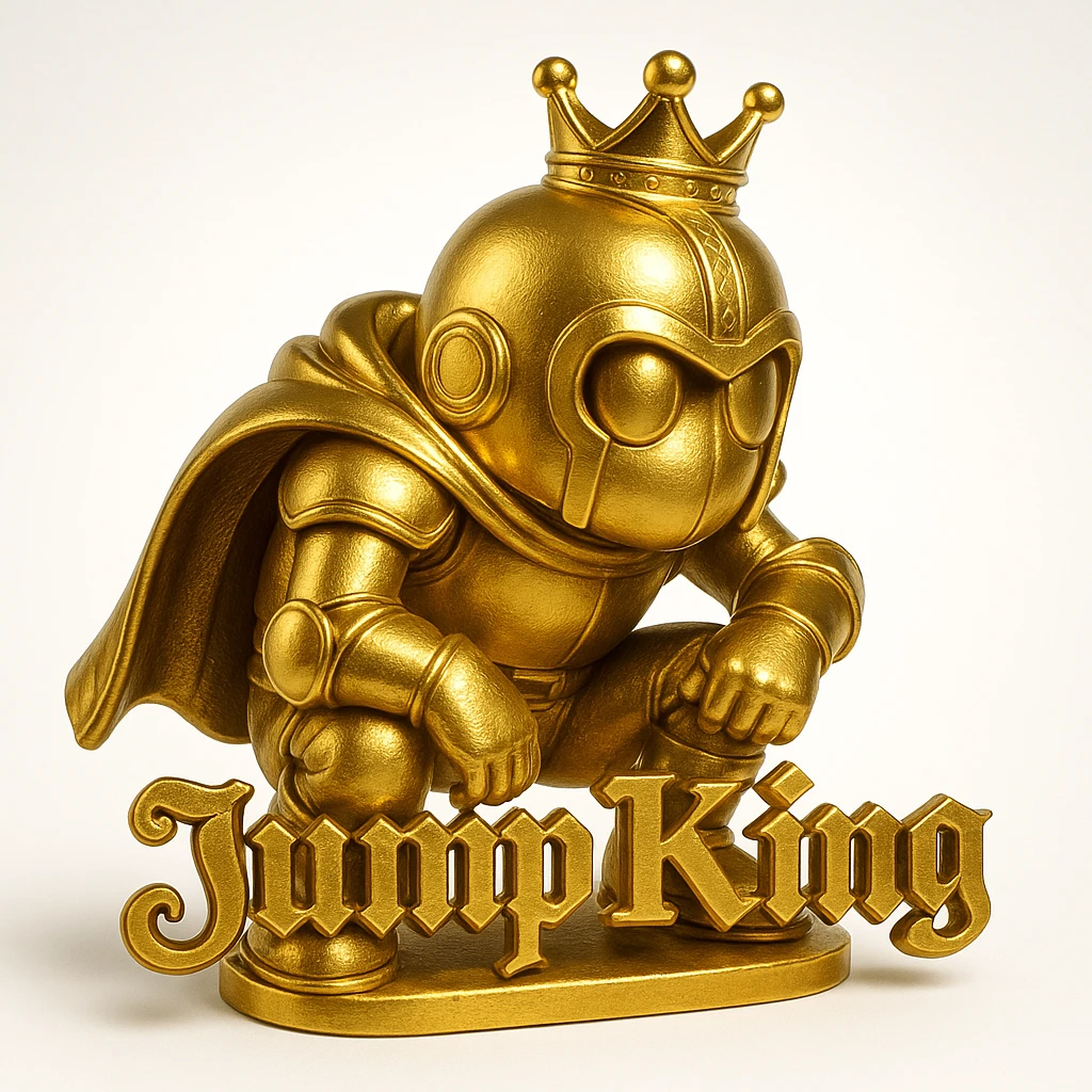 Jump King character in a golden version, with bold text included, vibrant and eye-catching style emoji