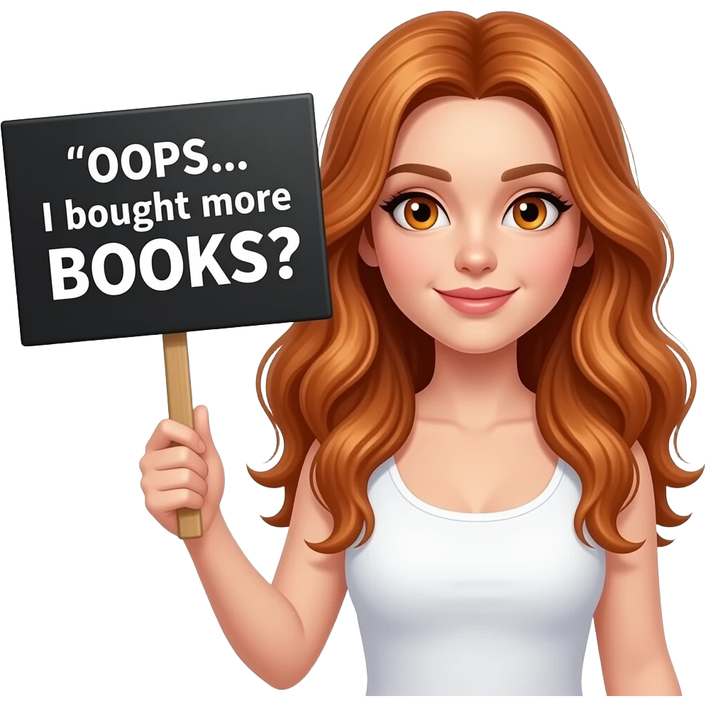 sexy girl with long wavy ginger hair and ginger eyes wearing a white tanktop is holding a black colored sign with OOPS... I bought more BOOKS written on it emoji