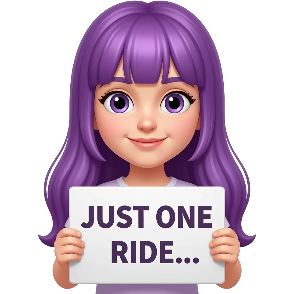 girl with long purple hair with a JUST ONE RIDE... sign emoji
