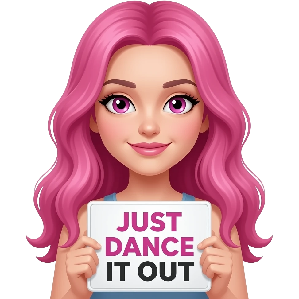 sexy girl with long pink hair and pink eyes wearing a holding a JUST DANCE IT OUT sign emoji