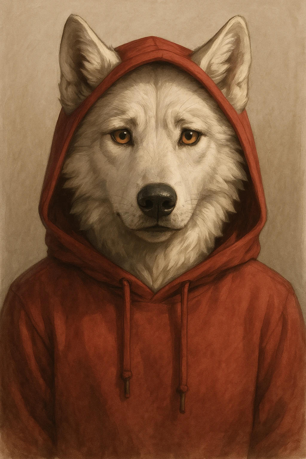 white wolf in a red hoodie, semi-realistic style, expressive eyes, subtle shading emoji