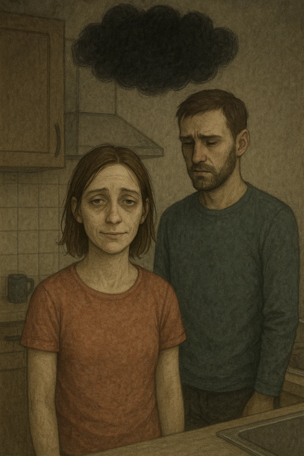 Vertical format: A couple in a kitchen, the woman trying to smile but appearing empty and drained, the man with a black cloud above his head, creating a heavy and tense atmosphere. emoji