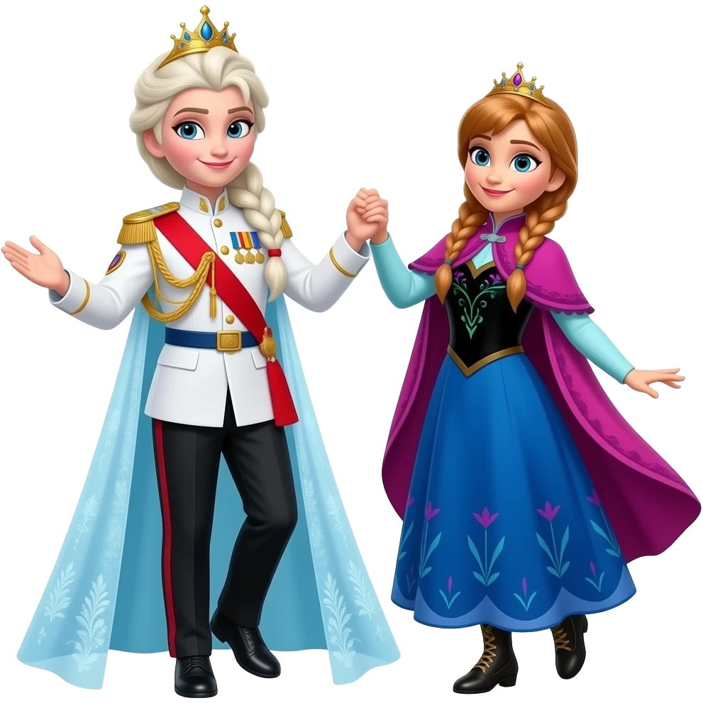 Elsa and Anna arendelle from disney frozen movie are same wearing gold tiara white military tunic arm badge shoulder cord medal red sash blue belt black trouser with both side red stripe white shoes and they both dancing of kadhal kondein tamil Indian flim 2003 emoji