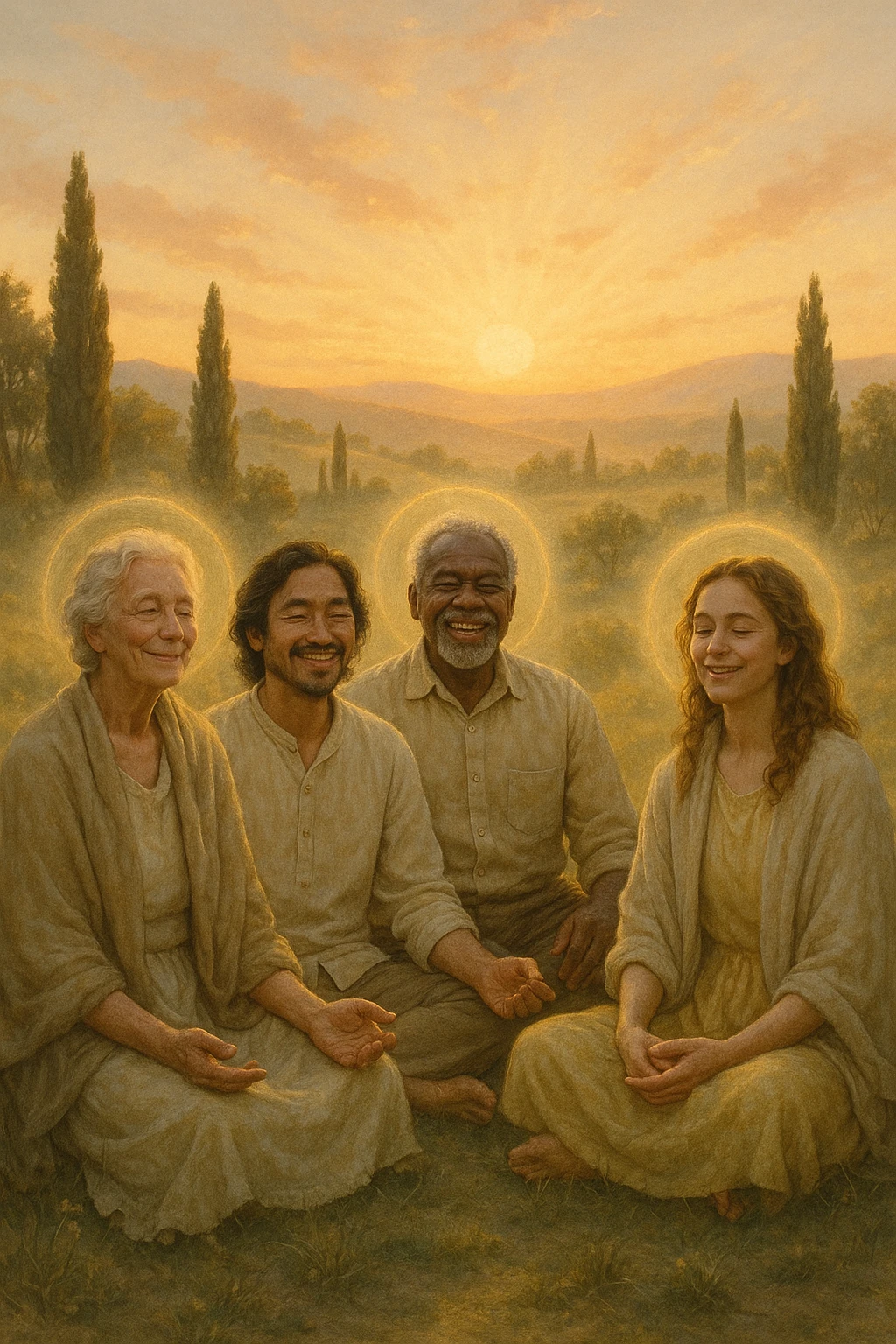 a diverse group of people of different ages and backgrounds sit together in a peaceful natural setting at sunrise, each with serene, joyful expressions. Subtle auras or soft light halos surround them, symbolizing spiritual awakening and inner harmony. The background features gentle hills, trees, and a glowing sky, evoking unity and connection. realistica italiano emoji
