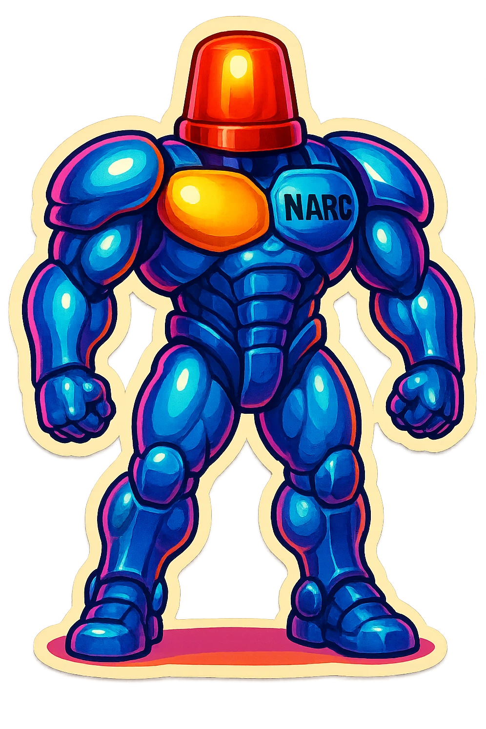 Render a shiny muscular robot with a red police light head in retro stickers style, emphasizing vibrant colors and bold outlines typical of retro stickers. emoji