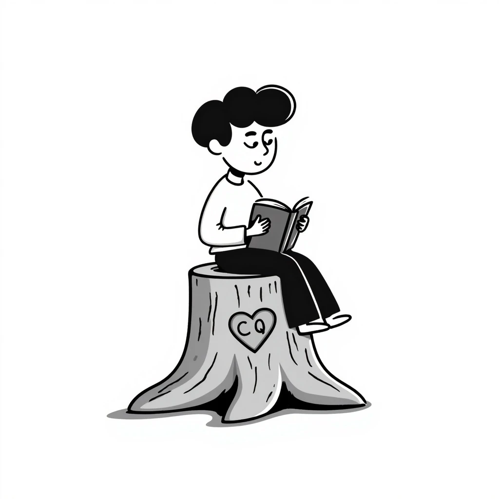 Replace the words 'Chaos King' and 'Chaos Queen' with the initials 'CK' and 'CQ' carved into the heart on the tree stump, keep the whimsical, hand-drawn doodle style. emoji