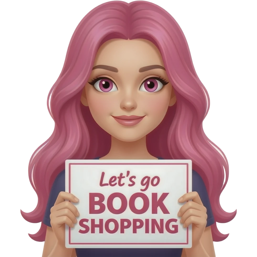 sexy girl with long pink hair and pink eyes holding a Let's go BOOK SHOPPING sign emoji
