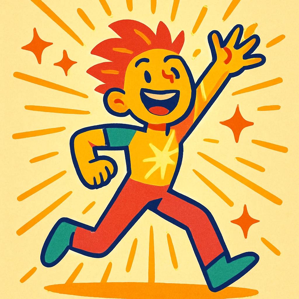 dazzling human, shining with light, dynamic pose, colorful, lively, confident, beaming emoji