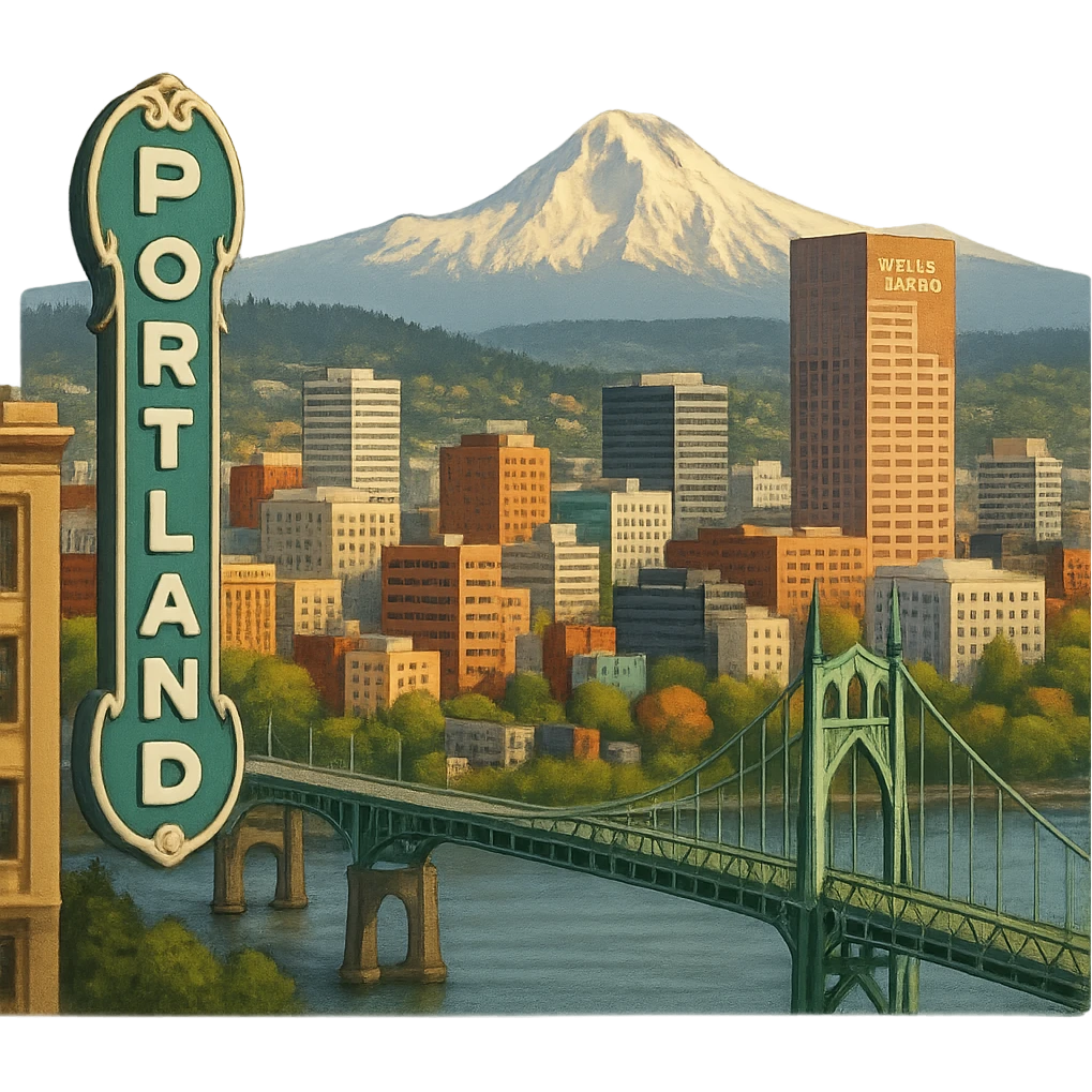 cinematic realistic emoji of Portland, wide city view with iconic landmarks including Portland sign, St. Johns Bridge, Wells Fargo Center, Mount Hood in the background, lifelike detail, accurate colors, bright daytime lighting, no sky, no clouds, fully transparent background emoji