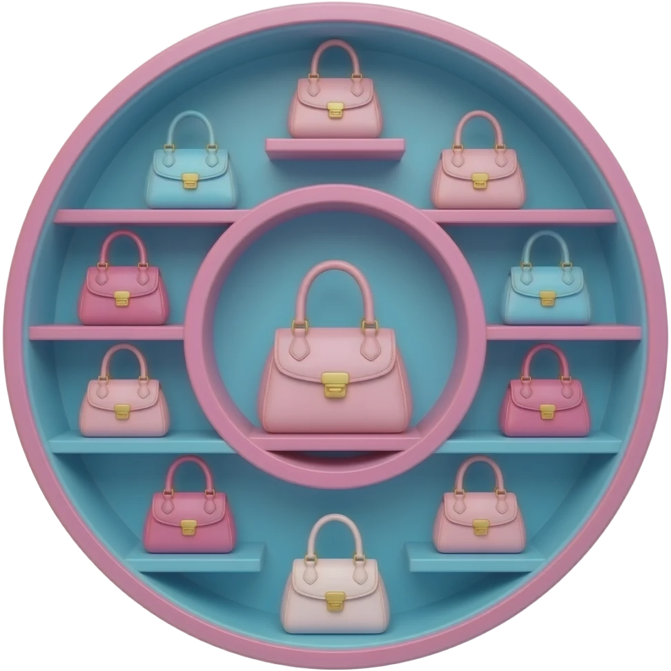 pink, blue, a rotating handbag display cabinet, circular wardrobe with multiple shelves inspired by Barbie colour palette emoji