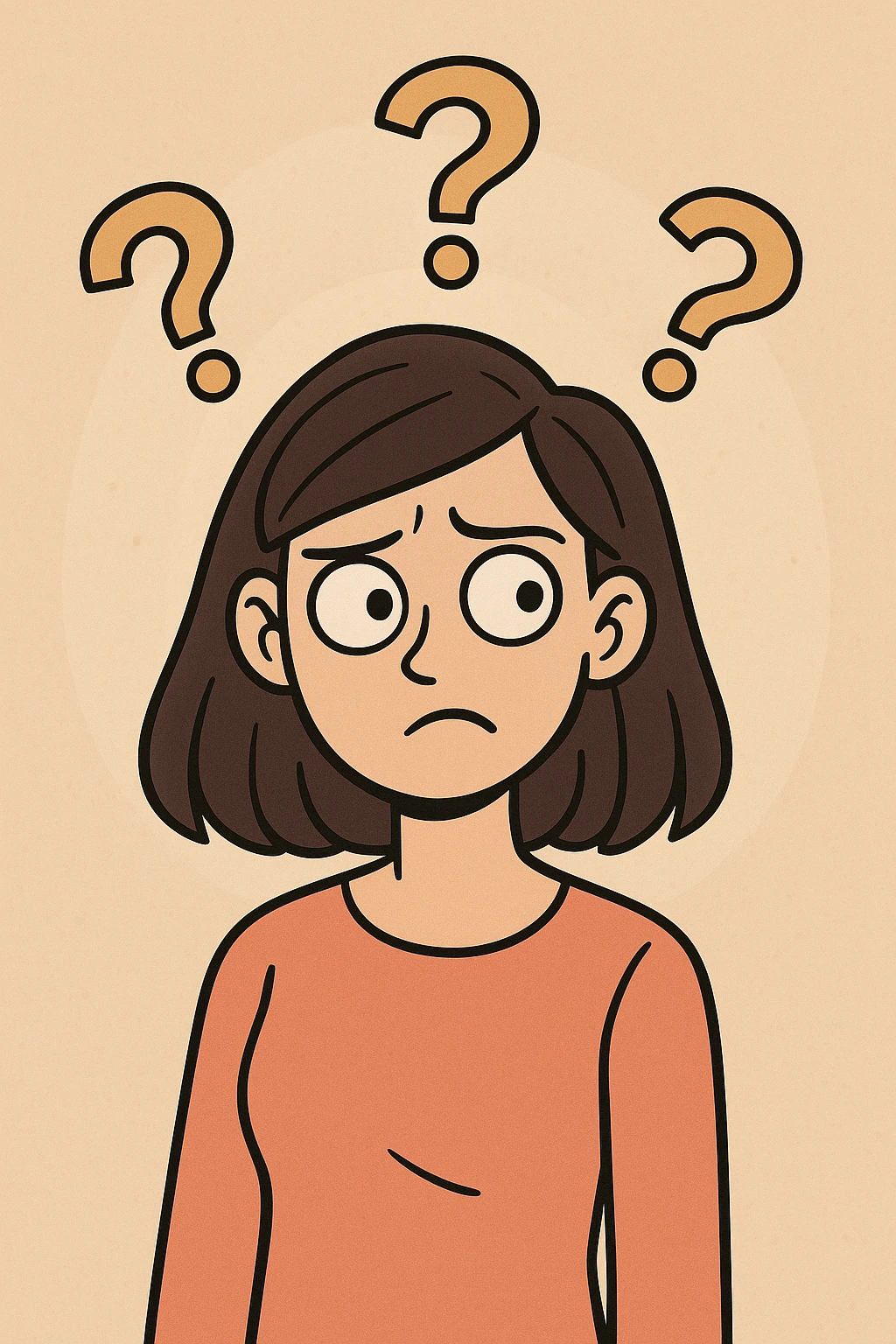 confused woman with straight dark hair, head tilted, question marks circling around her, cartoon style emoji
