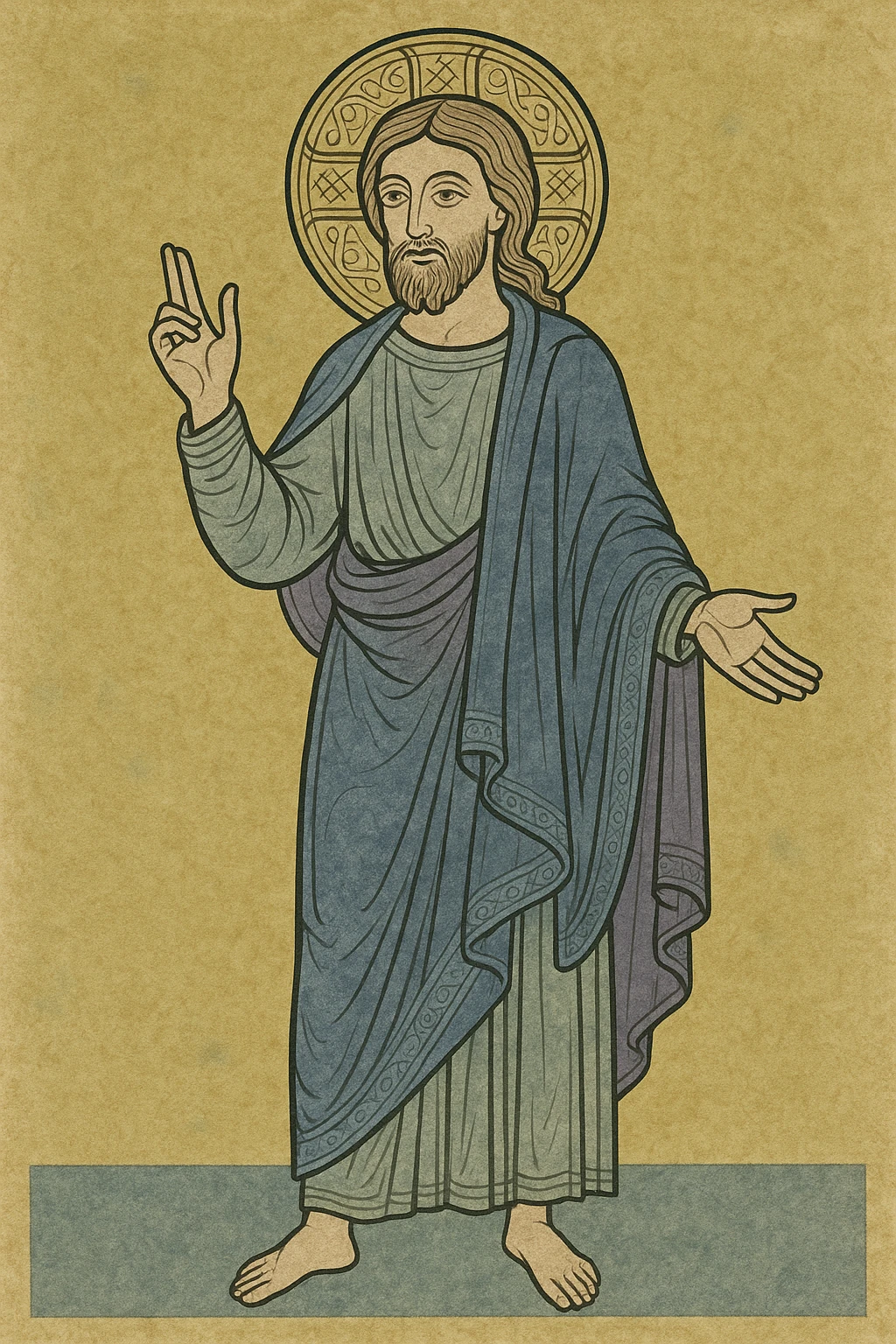 classic depiction of Jesus with gentle expression, halo, flowing robes, serene background emoji