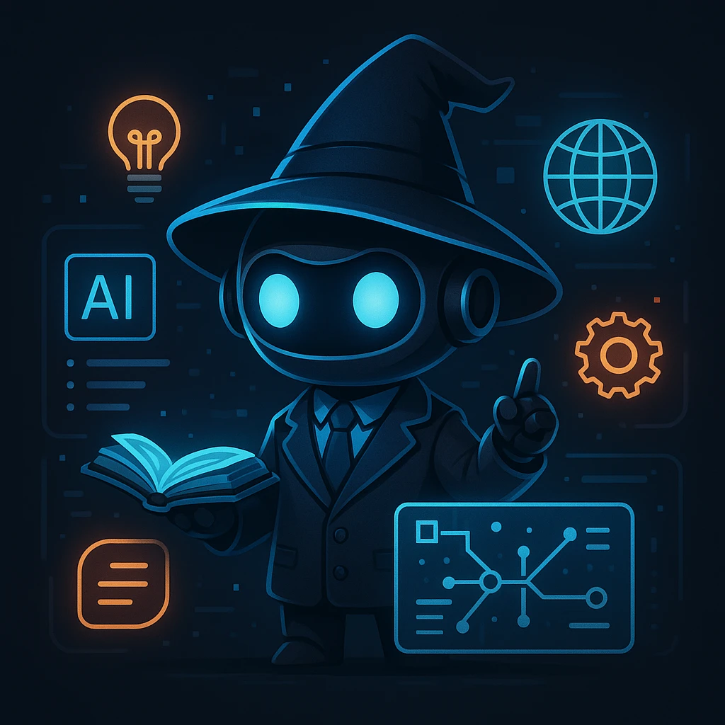 mini productivity wizard robot librarian, dark mode, with glowing AI icons and holographic interface, in a smart minimalist outfit emoji