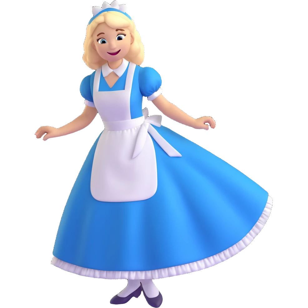 Disney's Alice in Wonderland with a big smile while curtseying in her blue dress with white apron emoji
