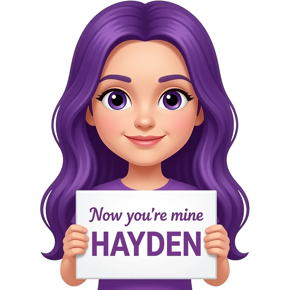 girl with long purple hair holding a Now you're mine HAYDEN sign emoji