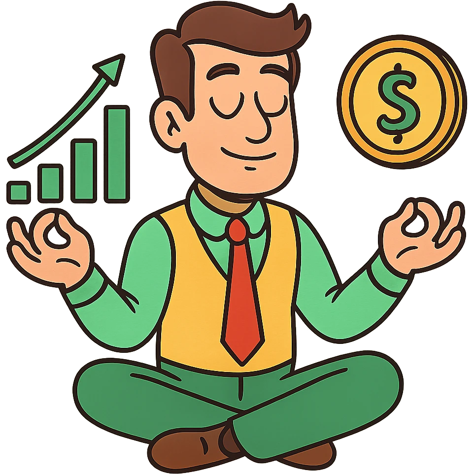 calm trader meditating, zen vibe, flat modern style, bright saturated colors greens golds reds, minimal but expressive, universal look emoji