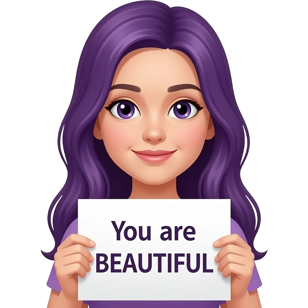 girl with long purple hair holding a You are BEAUTIFUL sign emoji