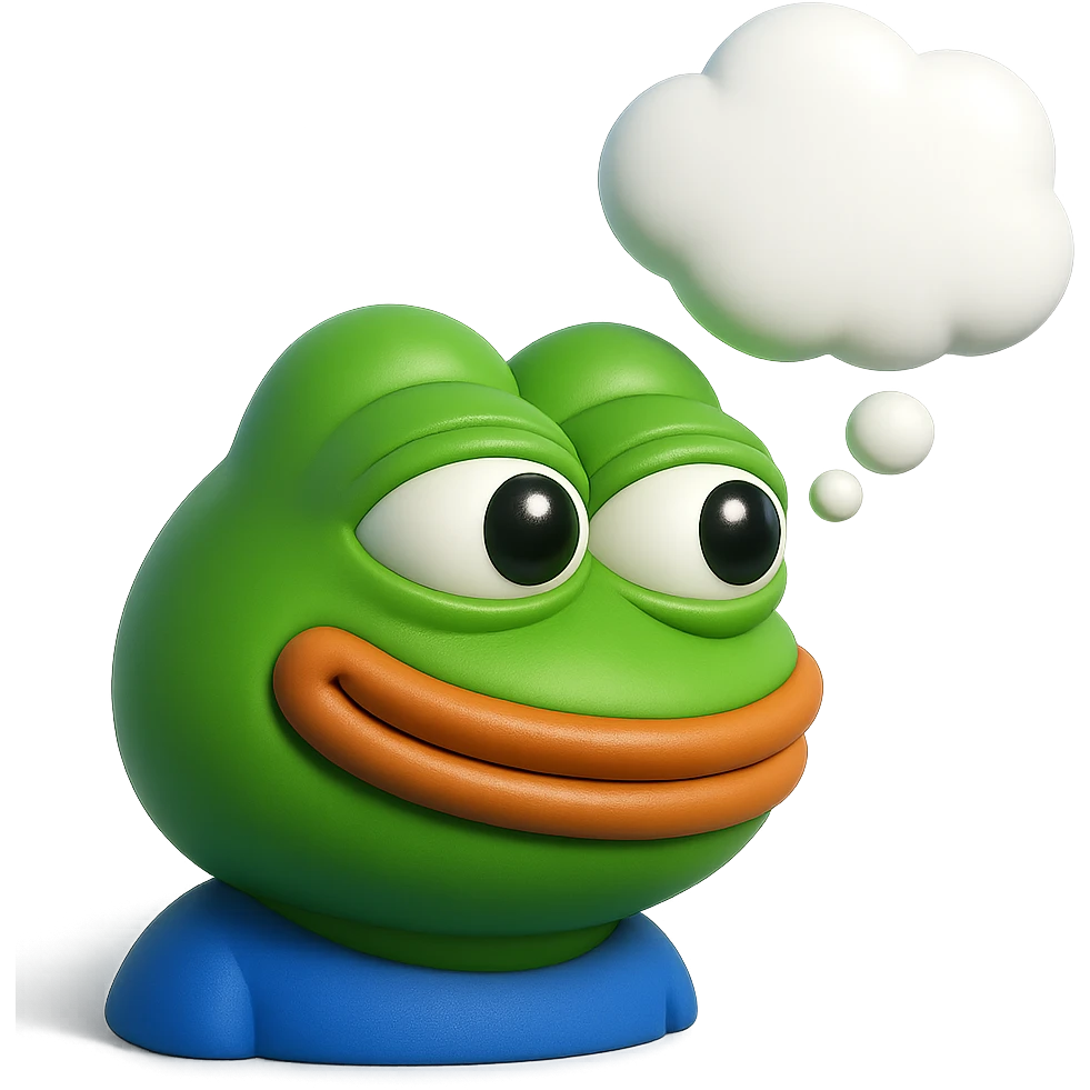 make a pepe in bright green smiling with thought bubble looking at right side in 3d style, good highlights and shadows, drop shadows  emoji