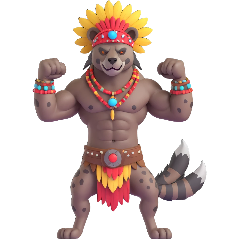 A native strong buff hyena with war bonnet flexing posing full body  emoji