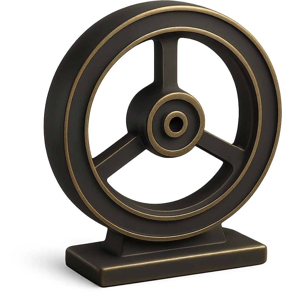 Transform this simple outlined flywheel into a 3D flywheel with metallic texture and realistic lighting, keeping the background transparent. emoji