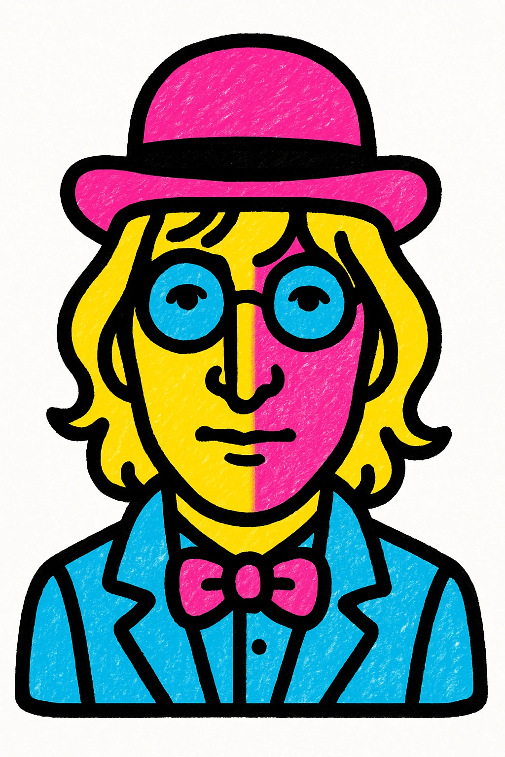 John Lennon with round glasses and a bowler hat, pop art style emoji