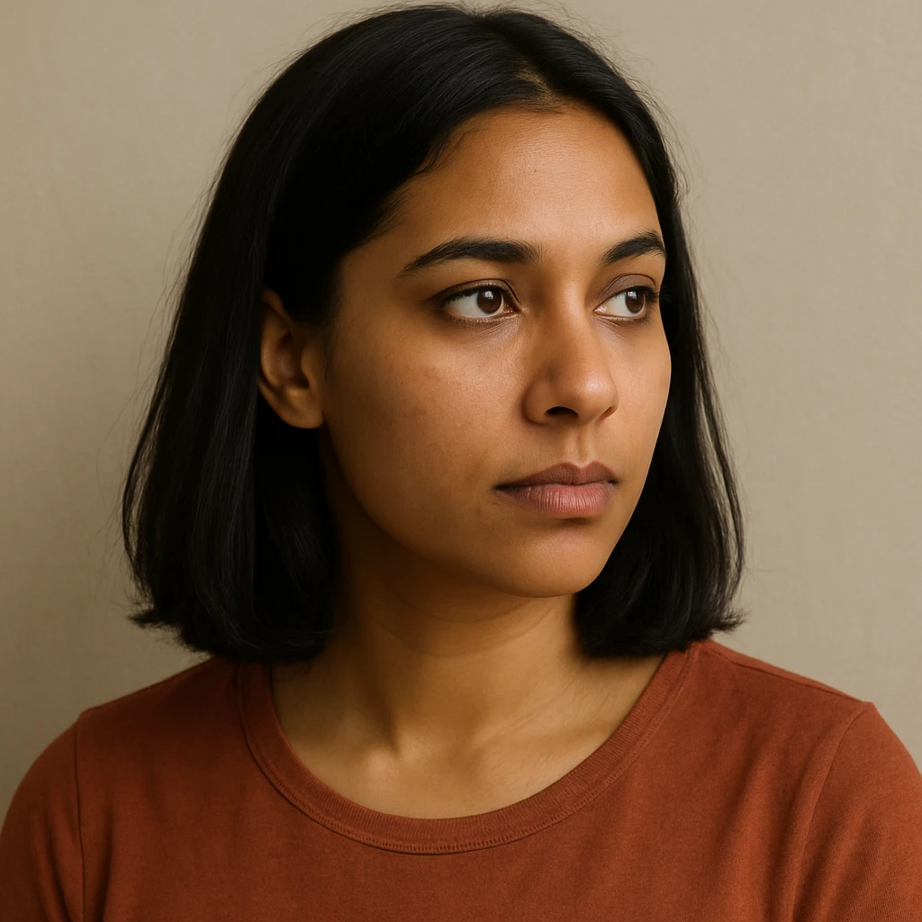 portrait of a light brown skinned female with shoulder length black hair, looking to the side, simple background emoji