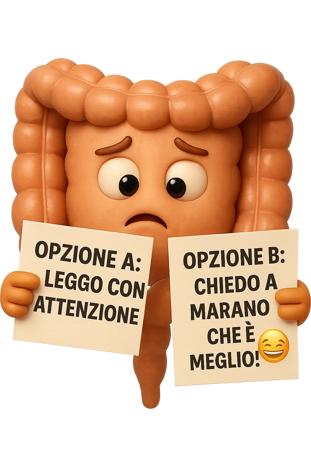 SU QUESTO STILE FAI UN EMOJI STILE IPHONE 3D DI UN INTESTINO CHE HA nella mano destra "OPZIONE A: LEGGO CON ATTENZIONE" E NELLA MANO SINISTRA" OPZIONE B: CHIEDO A MARANO CHE è MEGLIO! (METTICI UNO SMILE CON RISATE QUI)", FAGLI UN ESPRESSIONE CONFUSA MENTRE GUARDA L'OPZIONE A E FALLO MOLTO REALISTICO IN 3D emoji
