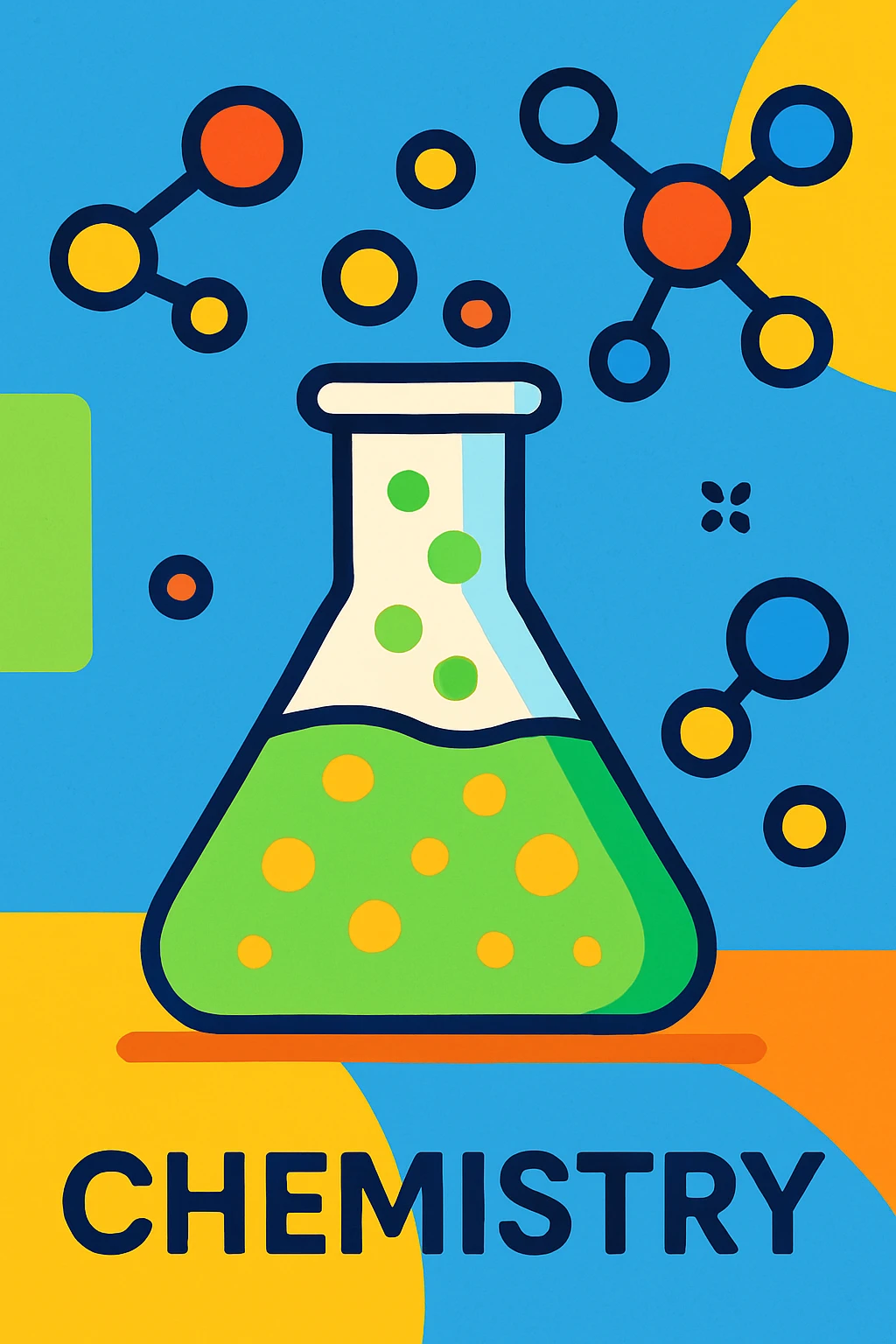school subject chemistry, laboratory flask, molecules, educational atmosphere, modern style, bright colors emoji