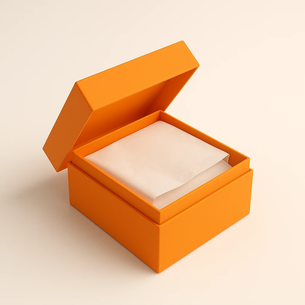 3D style orange Hermès box, same square shape and proportions as reference, slightly open with tissue paper inside, minimal, no logo, on white or transparent background emoji