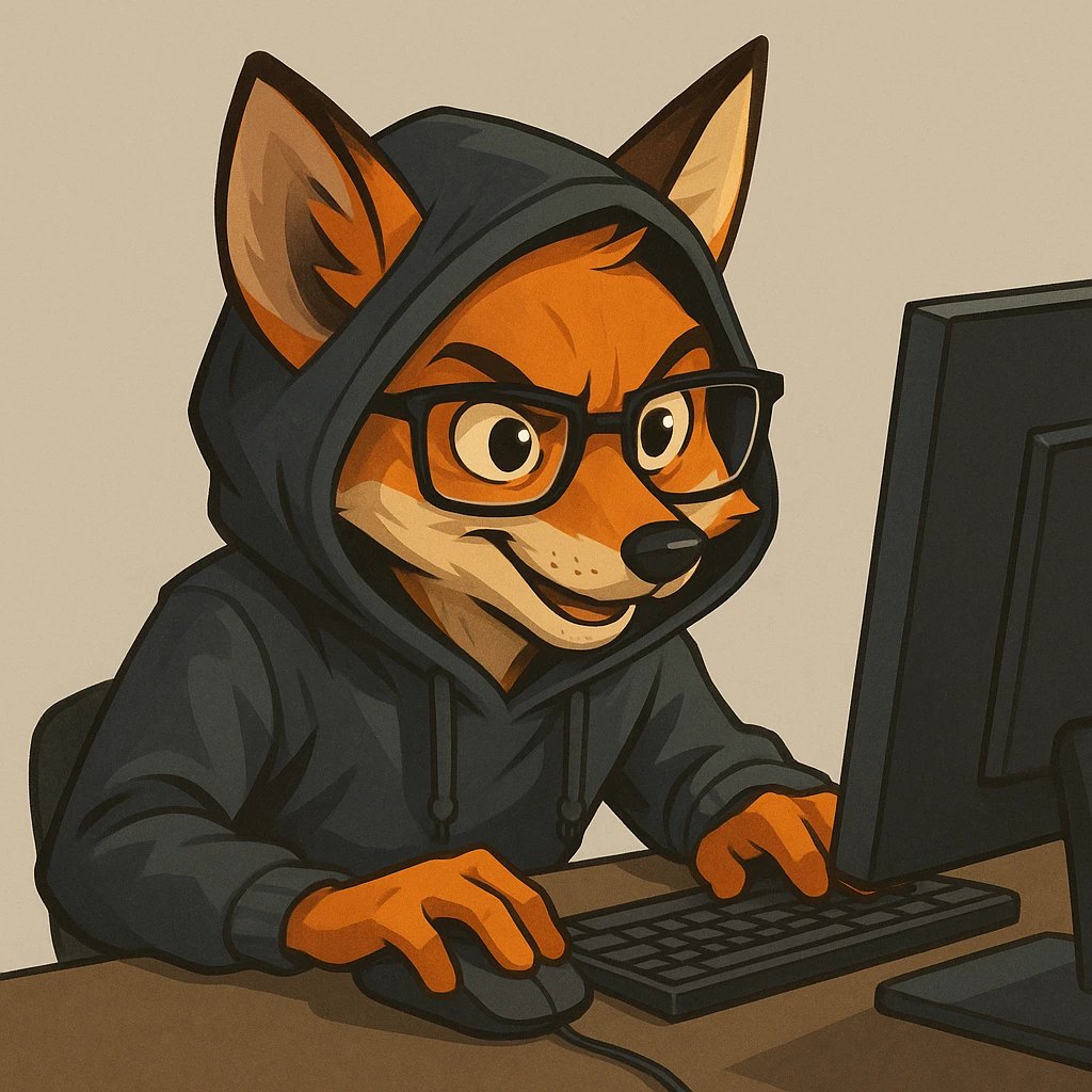 clever fox programmer-hacker wearing a hoodie and glasses, sitting at a computer, modern style, expressive facial expression, focus on the fox and computer, neutral background without extra details emoji