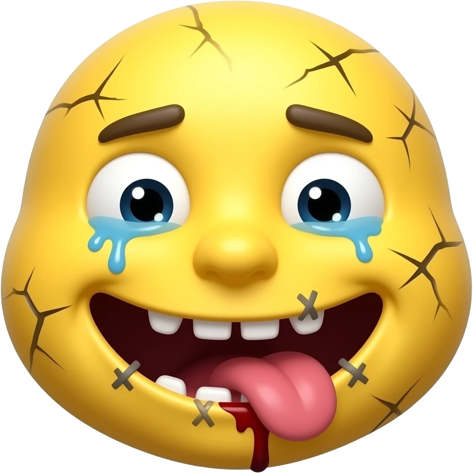 This with 😀 Melting Effect color Color Fading Uneven/Realistic Eyes Damaged/Scratched Tears Stitched Mouth Missing/Jagged Teeth Gums & Tongue Internal Shadowing Blood or Dark Fluid The "Kimo-kawaii" Style cracked face effect still yellow emoji