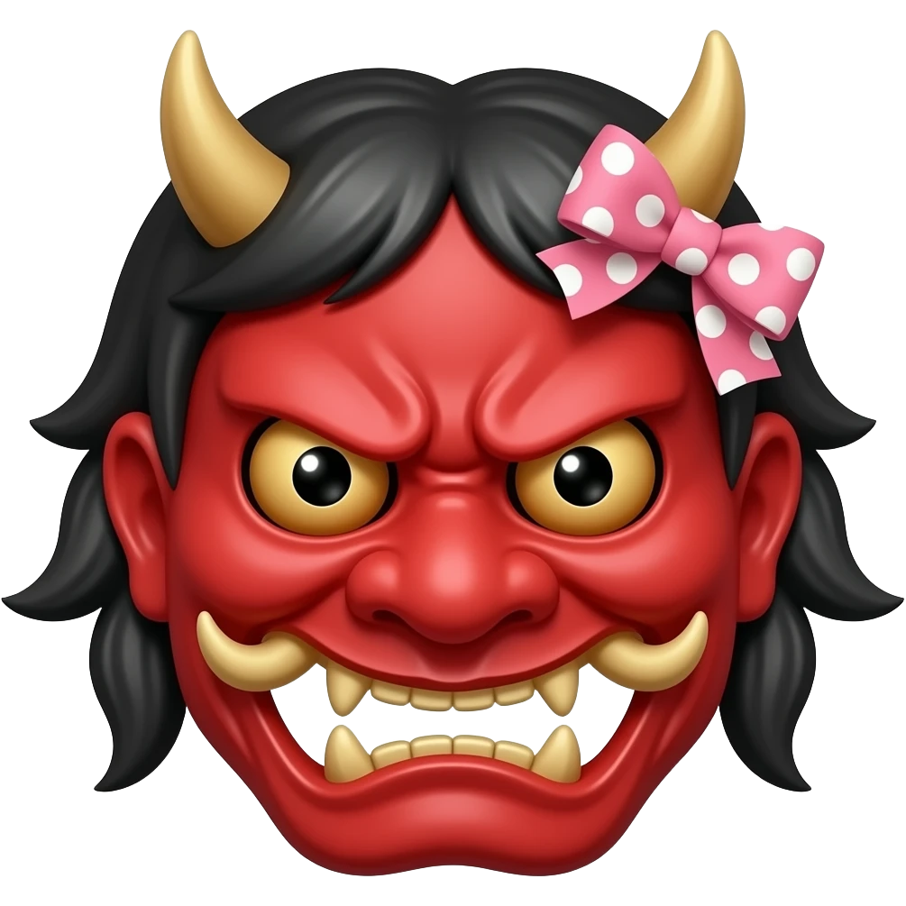 Japanese female red ogre mask with cute ribbon only on one horn emoji