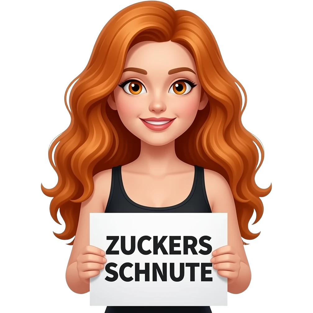 sexy girl with long wavy ginger hair and ginger eyes wearing a black tanktop is holding a white colored sign with ZUCKERSCHNUTE written on it emoji