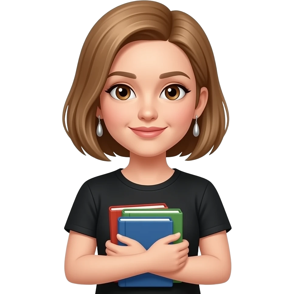 femme cheveux chatains blonds au carré, raie sur le côté droit, yeux marrons, lèvres fines, t-shirt noir, boucles d'oreilles pendantes en argent, des livres dans les bras emoji
