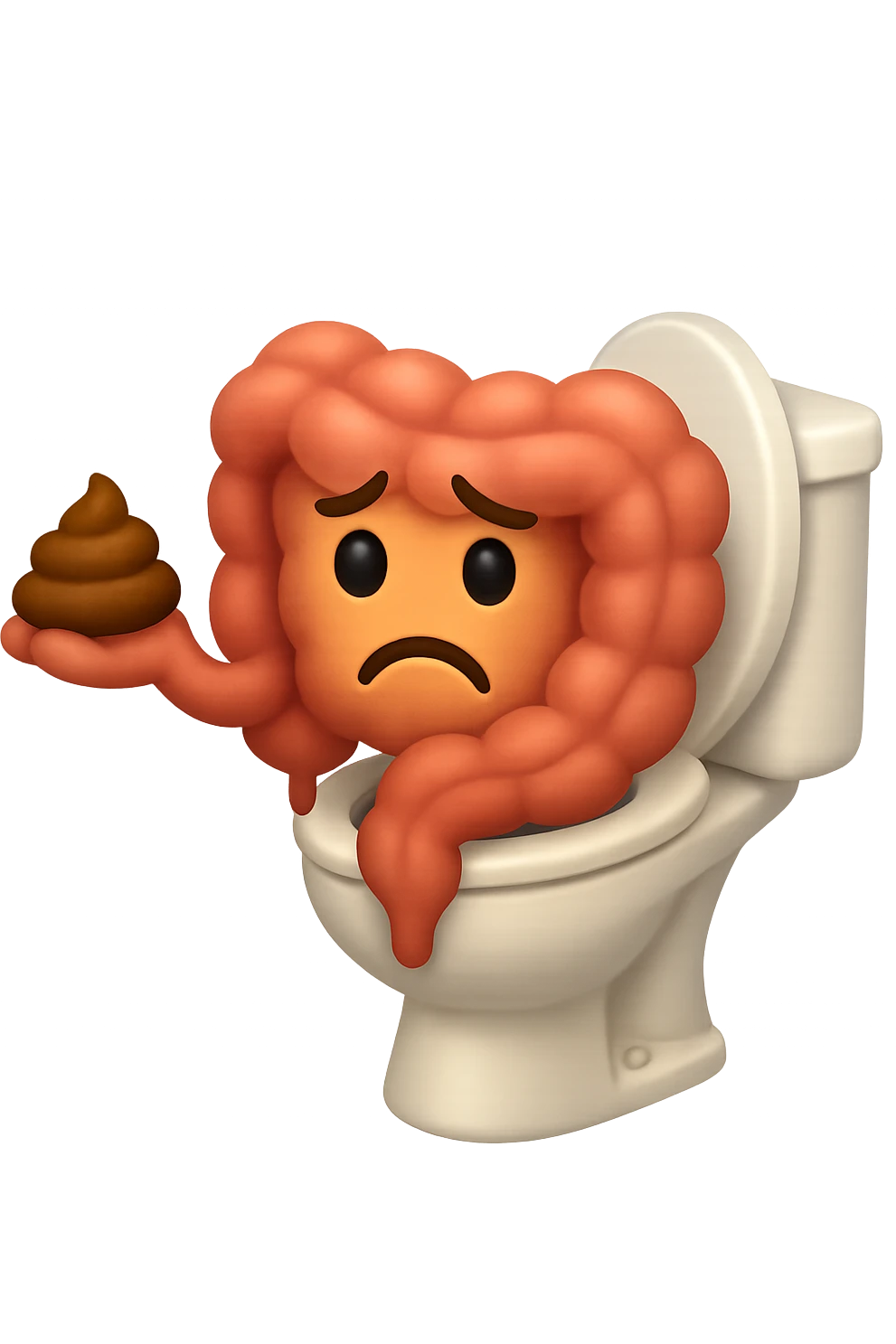 emoji stile iphone di un intestino che esce dal wc con in mano una montagnetta di feci con espressione triste a palline emoji