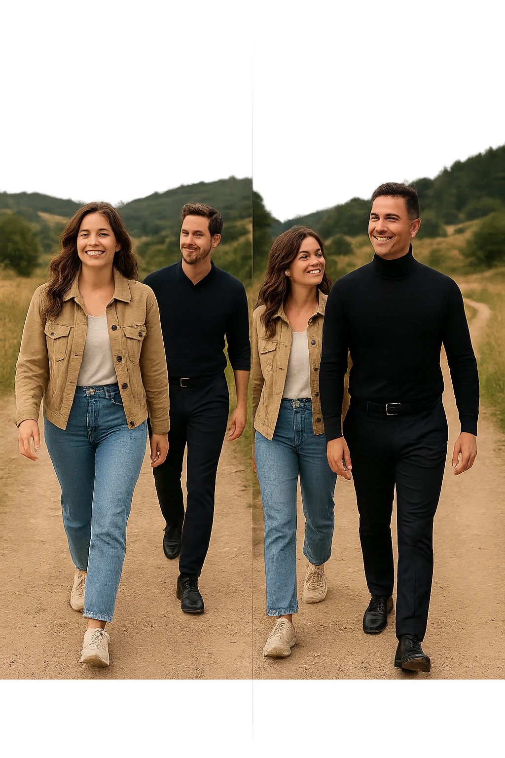 a man and a woman walk together along a winding path in a natural landscape. In one version, the woman leads confidently while the man follows a few steps behind, looking at lei con ammirazione. In un’altra versione, i ruoli sono invertiti, con l’uomo che guida e la donna che lo segue sorridendo. La scena trasmette l’idea che entrambi possano guidare o seguire, a seconda del momento. emoji