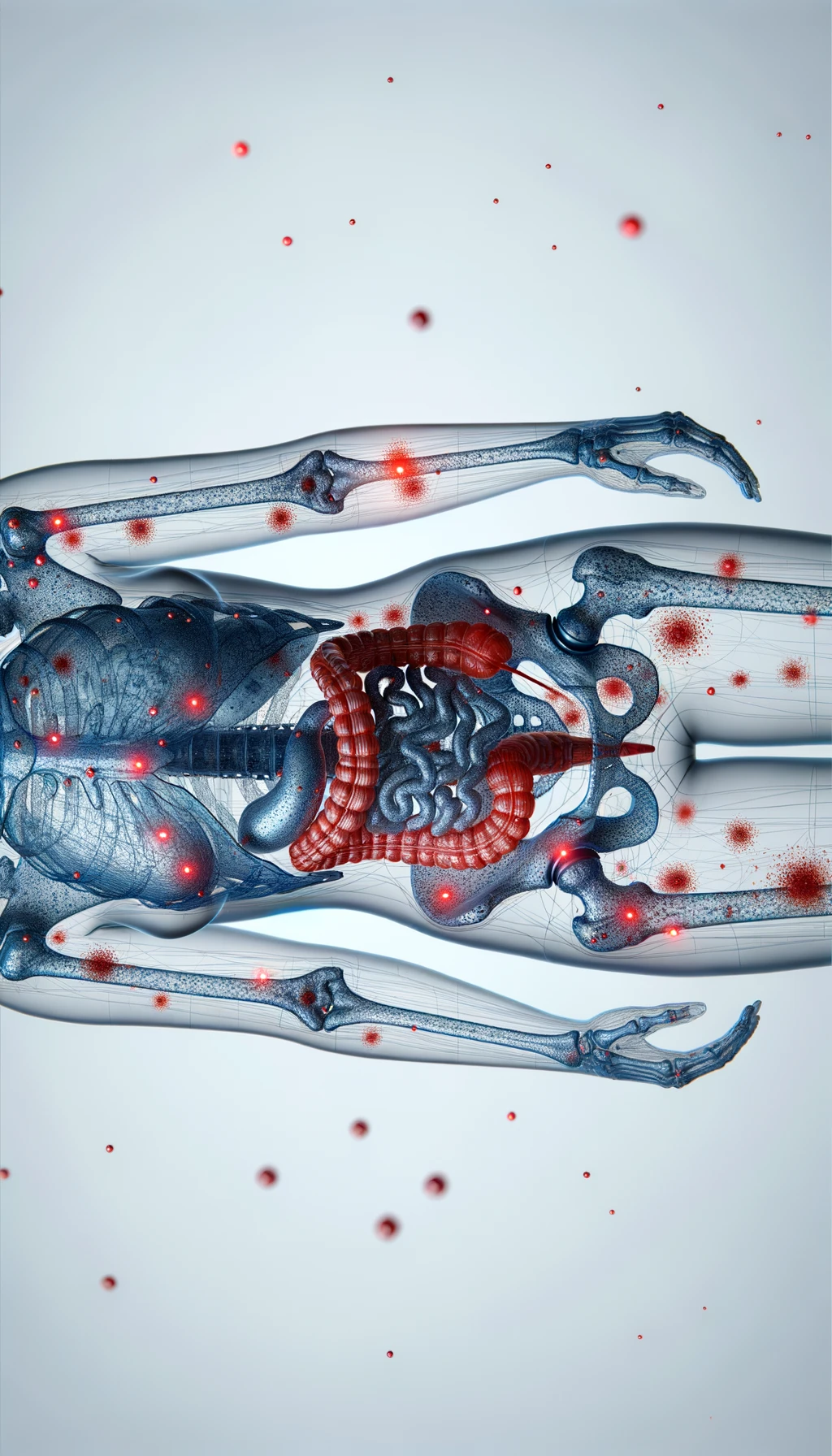 corpo umano anatomico di una donna affetta da fibromialgia, intestino anatomico realistico e red spot sparsi sulle sue ossa, sfondo bianco, iperrealistica 4k emoji