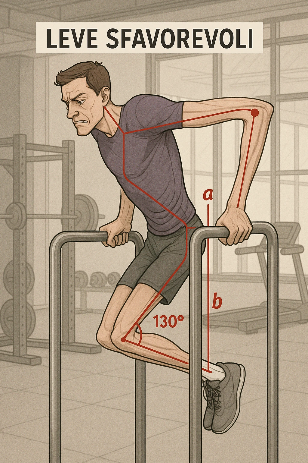 a tall, lean man with very long arms and a short torso attempts a dip on parallel bars. His elbows are deeply bent and his body appears awkwardly positioned, highlighting the mechanical disadvantage. An overlay shows anatomical lines and angles, with labels explaining “Leve Sfavorevoli” The background is a modern gym, with a focus on biomechanics. in italiano emoji