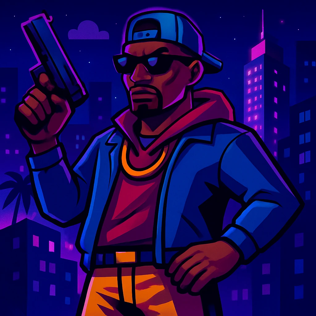 Change background to a vibrant night city, keep GTA character with gun in foreground. Maintain the original style and details of the character while updating the background to a vibrant night cityscape. emoji