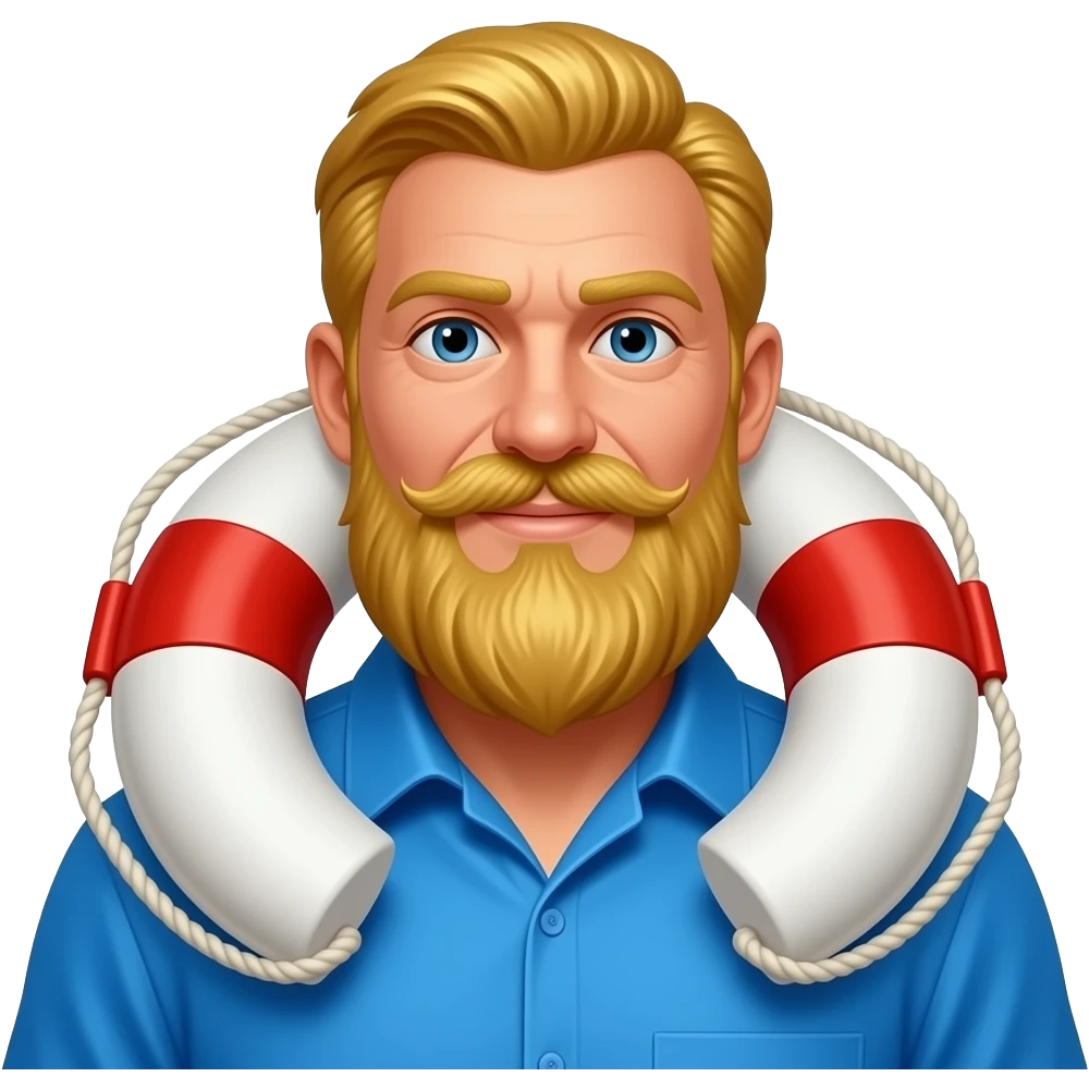 a man with long mostache golden hairs  wear a vibrant blue shirt and holding a life preserver emoji