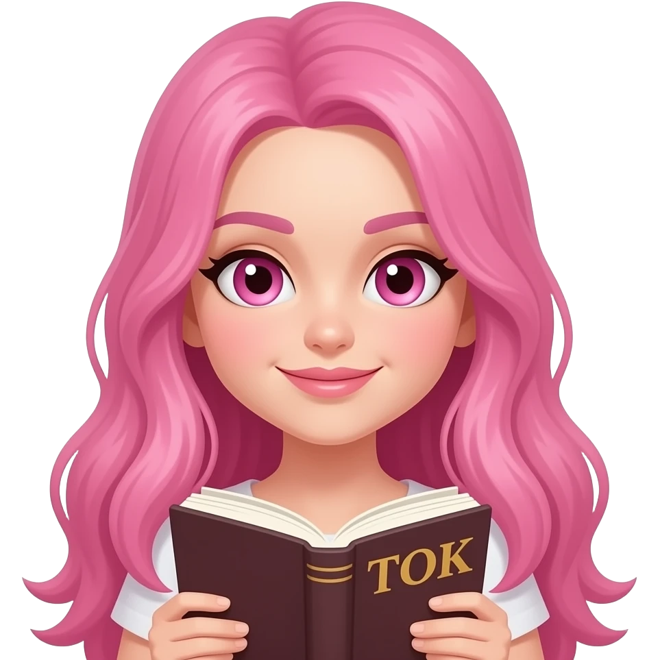 sexy girl with long pink hair and pink eyes holding a -BOOKTOK- emoji